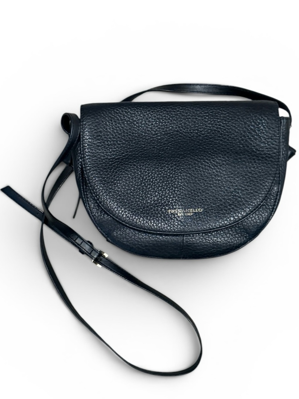 Tignanello Pebbled Leather Saddle Crossbody Bag Black Gold Hardware